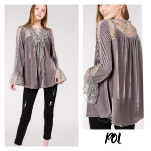 🖤LAST1️⃣🖤New Gorgeous POL Gray Velvet Top With Lace Adorned Appliqué